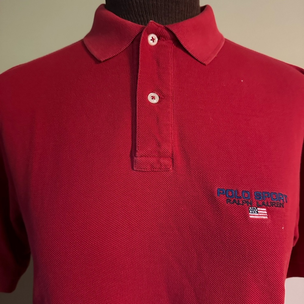 Ralph Lauren Red Polo Sport Shirt with Embroidered US Flag - Size Large